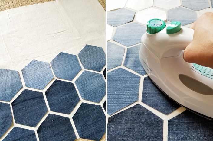 placing-hexagons-on-pillow-cover-and-ironing-it